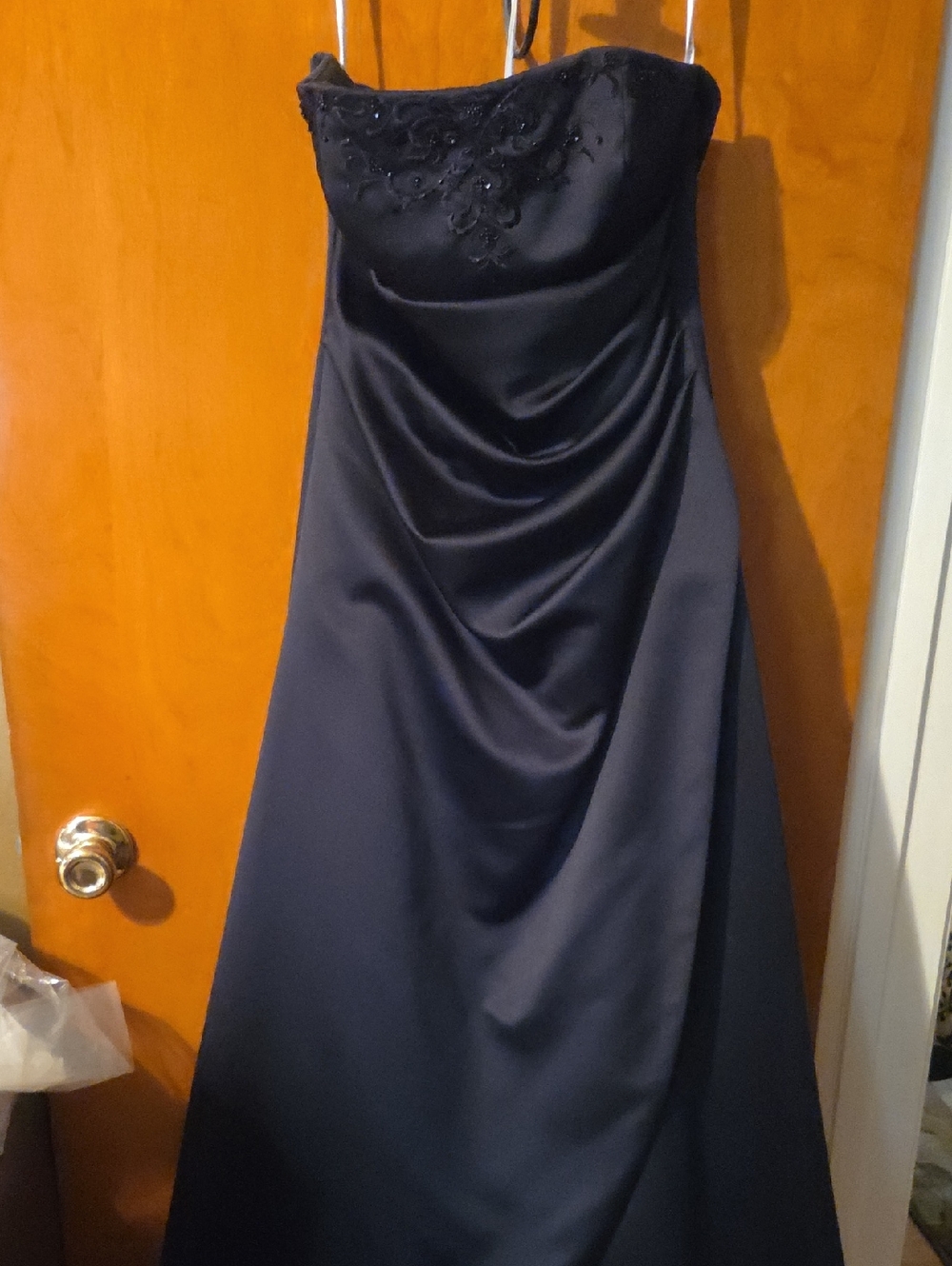 David's Bridal Strapless Black Satin Gown with Beaded Bodice Detail